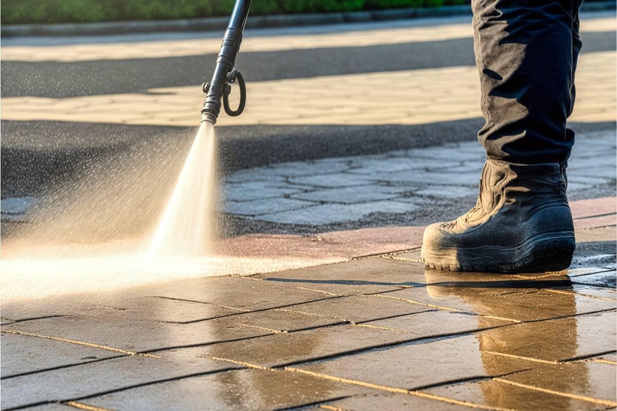 Technician pressure washing a red brick driveway